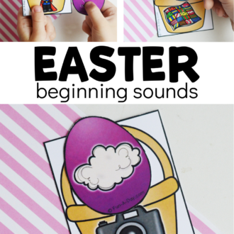 Preschooler using printable game with text that reads Easter beginning sounds