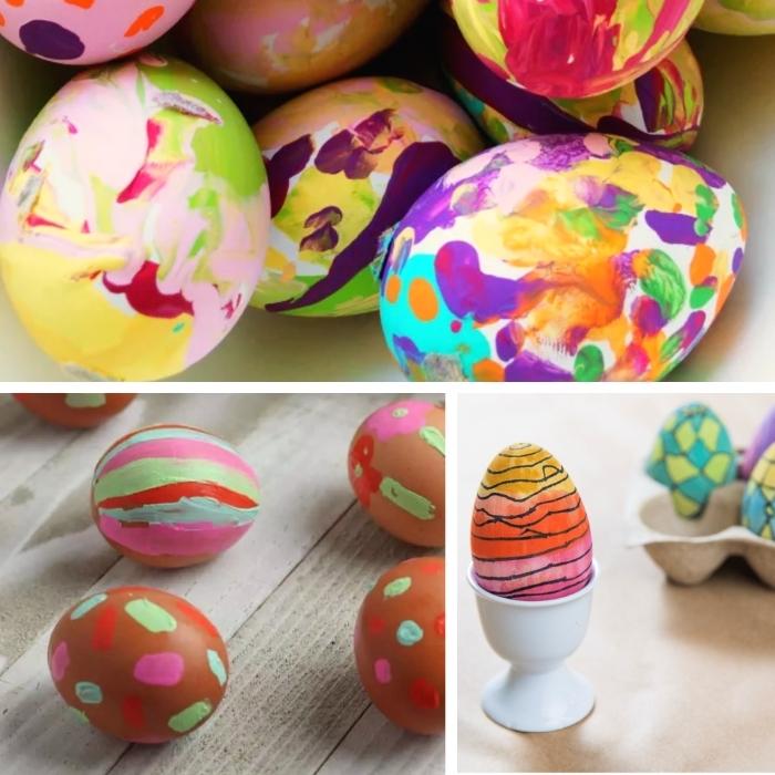 collage of 3 easter egg decorating ideas for preschool children - painted and markers
