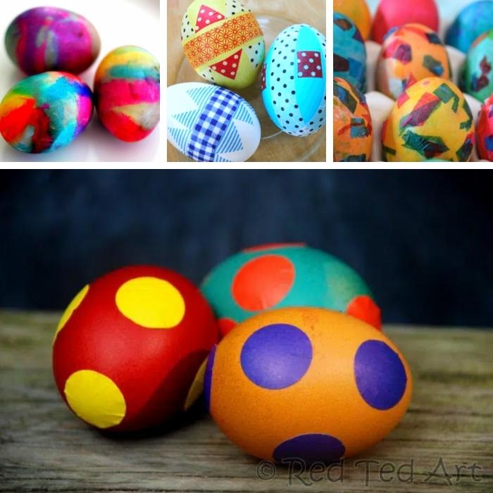 collage of 4 easter egg decorating ideas for kids - dots, washi tape, confetti