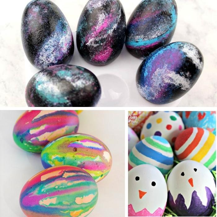 collage of 3 easter egg decorating ideas for kids - galaxy painted, drip painted, and paint markers