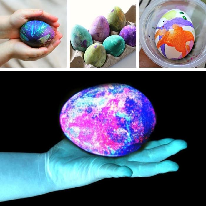 collage of 4 easter egg decorating ideas for preschoolers - glow in the dark, painted, tie dyed
