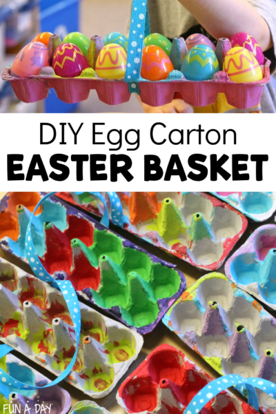 Collage of colorful Easter craft with text that reads DIY egg carton easter basket