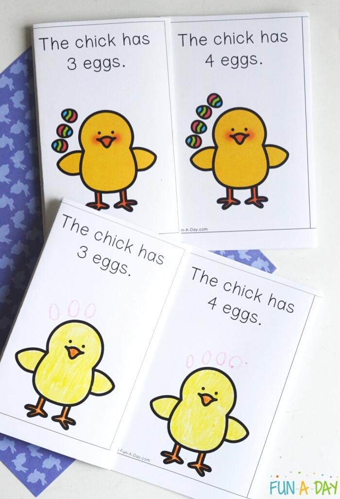 2 open copies of counting easter eggs book with chicks and words