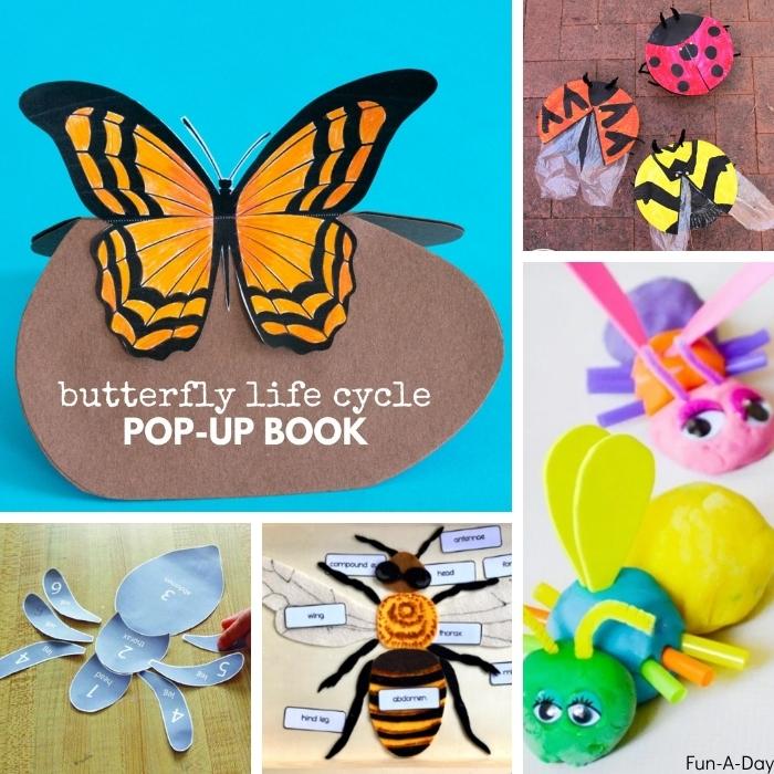 5 preschool insect science ideas, including creating paper plate ladybugs, play dough butterflies, parts of insects