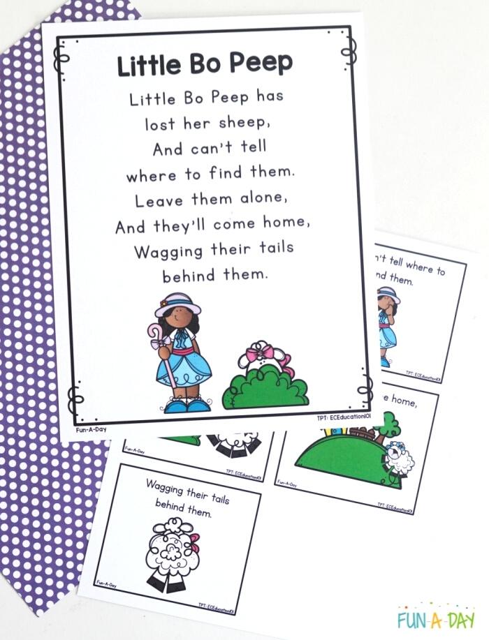 little bo peep nursery rhyme printable page and cards for preschool