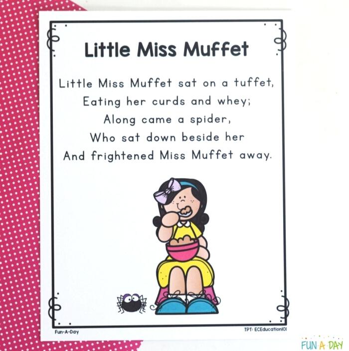 Little Miss Muffet printable poem for preschoolers, on a red dotted piece of paper