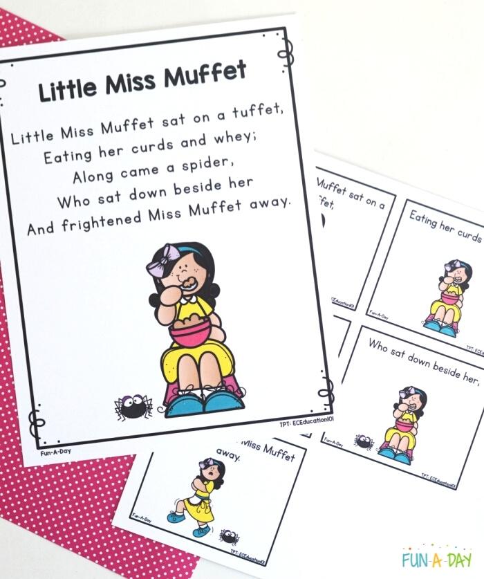 Little Miss Muffet sequencing cards and printable for preschoolers, on a red dotted piece of paper