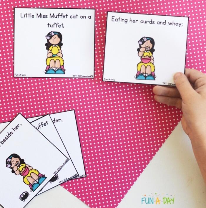 Little Miss Muffet sequencing cards for preschoolers, cut apart and being used by a child on a red dotted piece of paper