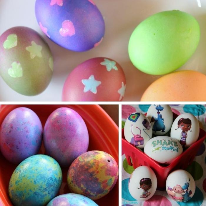 collage of 3 easter egg decorating ideas for preschoolers - sticker resist, marbleizing, and temporary tattoos