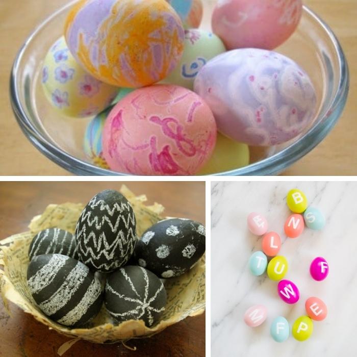 collage of 3 easter egg decorating ideas for preschoolers - chalkboard paint, letters, and crayons