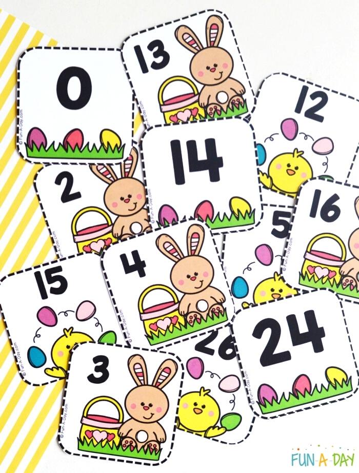 pile of Easter themed printed calendar number cards
