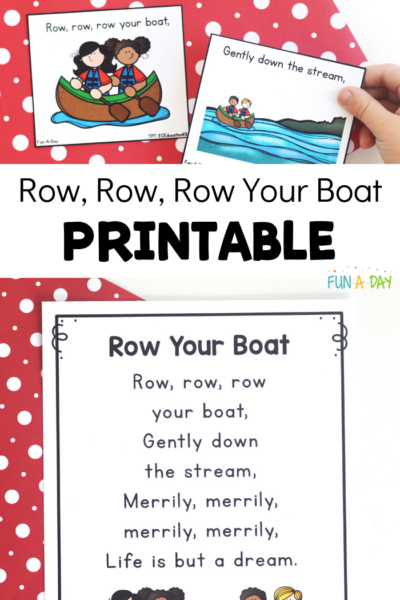 nursery rhyme poem and cards with text that reads row, row, row your boat printable