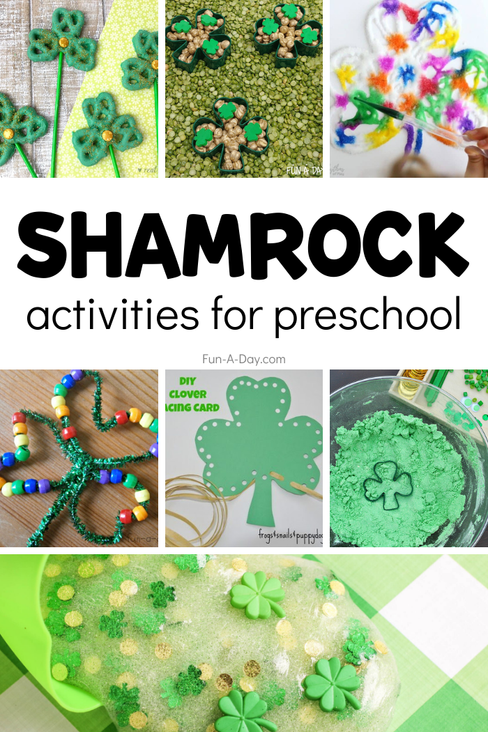 collage of shamrock including crafts, lacing, games, with text that reads shamrock activities for preschool