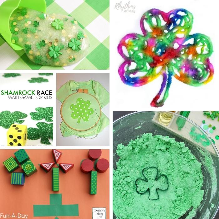 Collage of preschool shamrock activities with clover slime, crafts, sensory, science