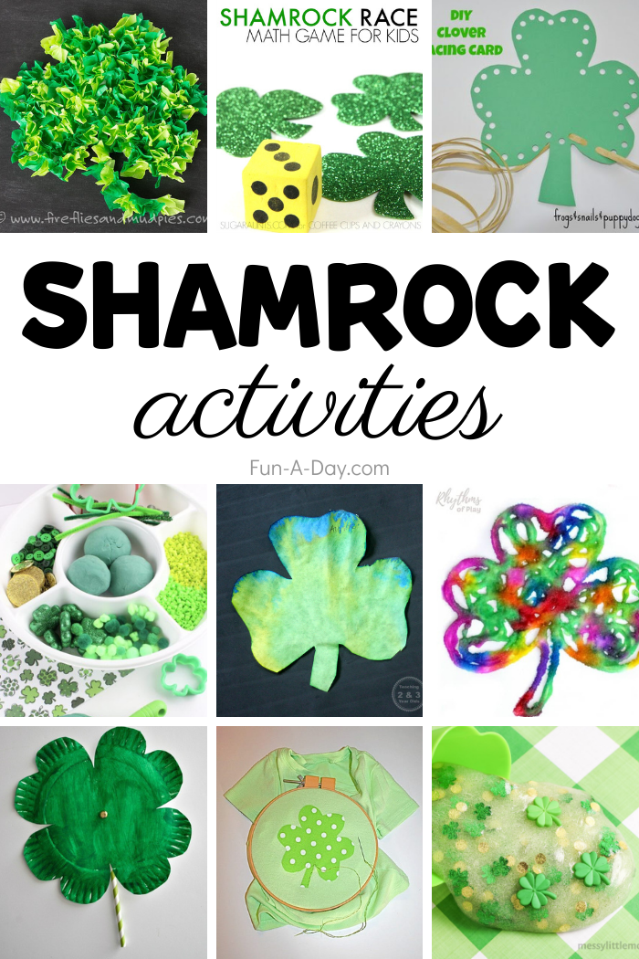 Collage of shamrock ideas for preschoolers including crafts, lacing, games. Text reads shamrock activities.