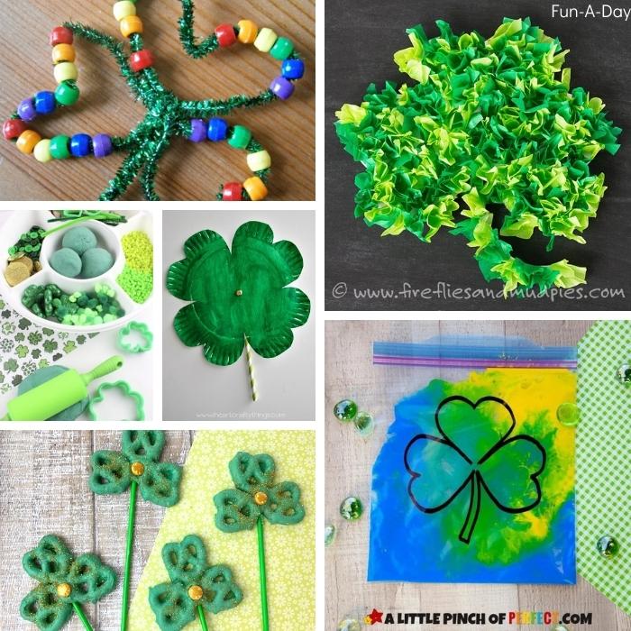 Collage of preschool shamrock activities with clover play dough, crafts, sensory bag, snacks