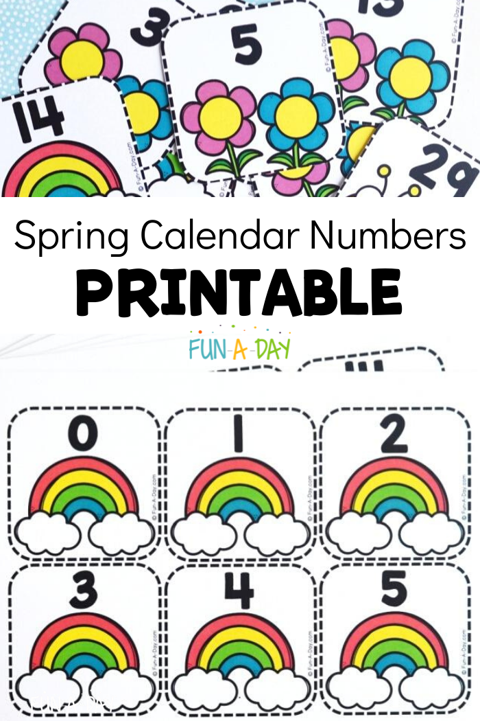Spring number cards with rainbow and flowers. With text that reads spring calendar number printable.