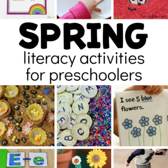collage of spring ideas with text that reads spring literacy activities for preschoolers
