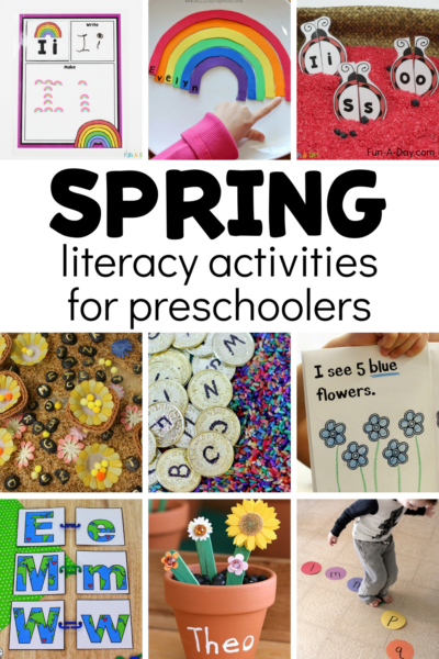 collage of spring ideas with text that reads spring literacy activities for preschoolers