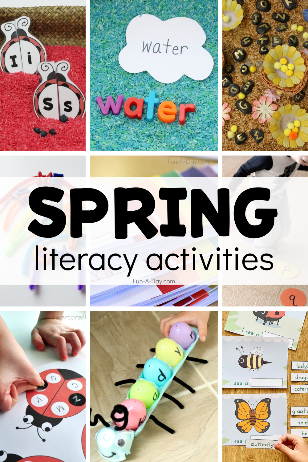collage of preschool literacy ideas with text that reads spring literacy activities
