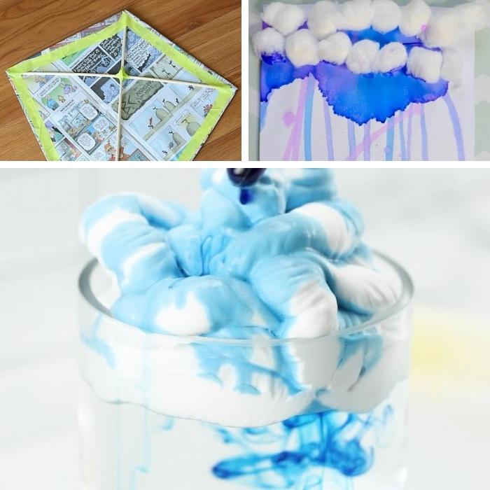 3 photos of weather-related spring science activities for preschool - kite, cloud in a jar, cloud painting