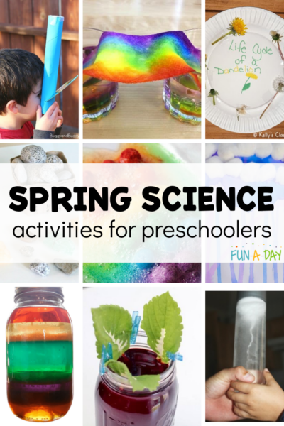 collage of children's science experiments with copy that reads: spring science activities for preschoolers