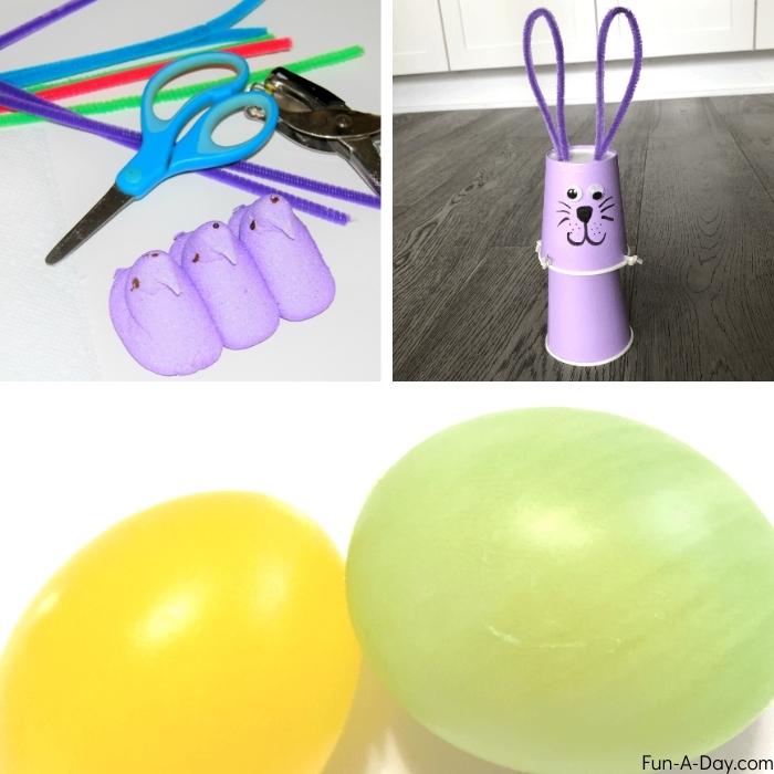 3 photos of Easter science activities for spring for preschoolers - peeps parachutes, bunny cups, vinegar rubberized eggs