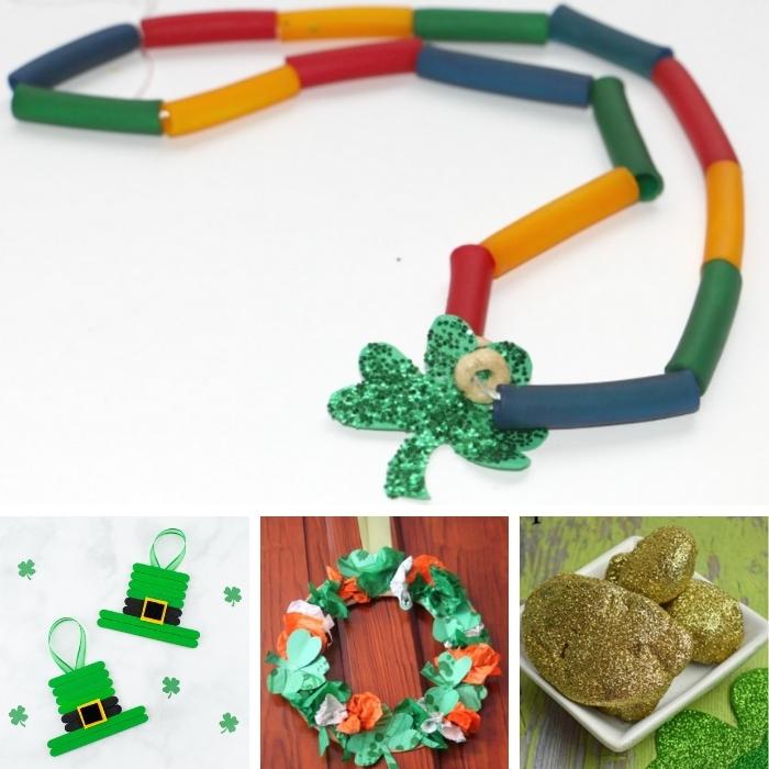 photo collage of 4 st. patrick's day crafts for preschool - with popsicle stick leprechaun hats, rainbow necklaces, wreath, pebble gold