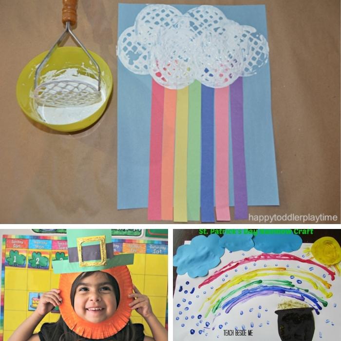 photo collage of 3 different st. patrick's day crafts for preschoolers - with paper rainbows, leprechaun masks, rainbows, painted rainbows