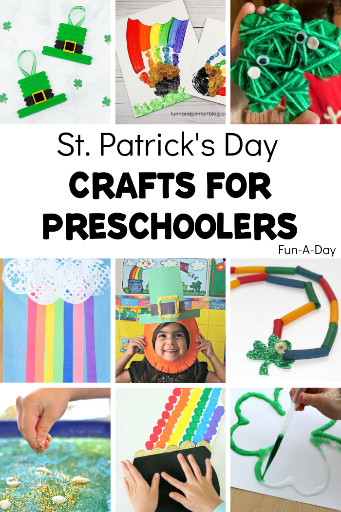 photo collage of st. patrick's day crafts for preschoolers - with glitter, paint, rainbows, pots of gold, and more