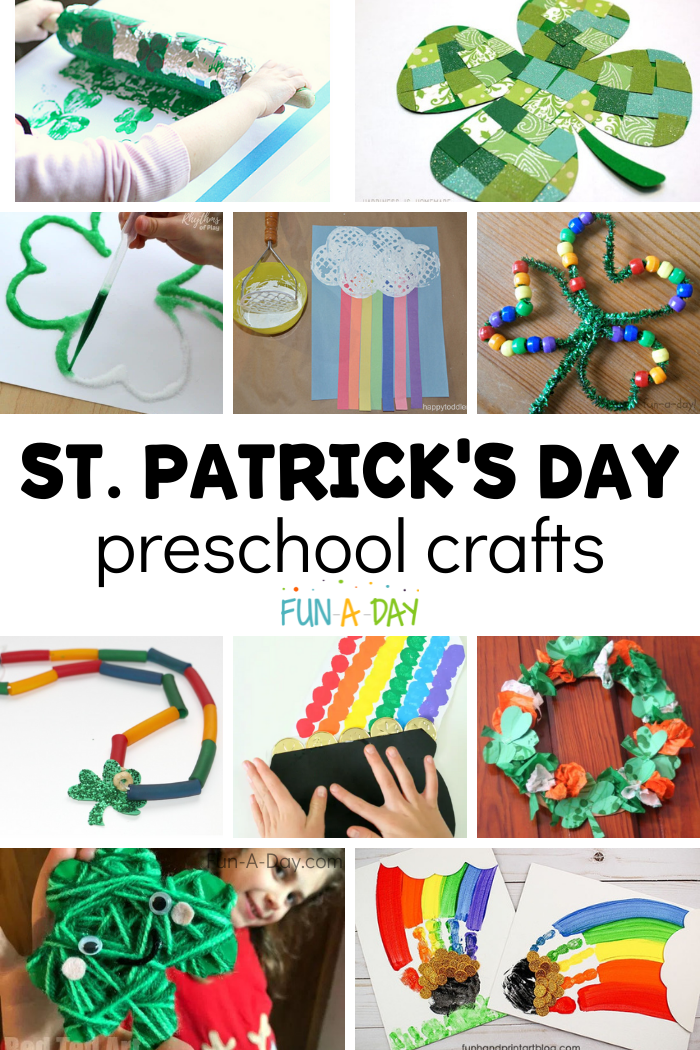 Collage of many crafts using paper, paint, yarn, glitter, etc. Text reads St. Patrick's Day preschool crafts.