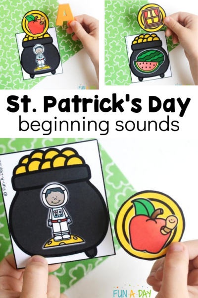 Preschooler using 3 beginning sound printable cards with text that reads st. patrick's day beginning sounds.