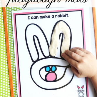 child's hand and printable with heading that reads: Easter playdough mats
