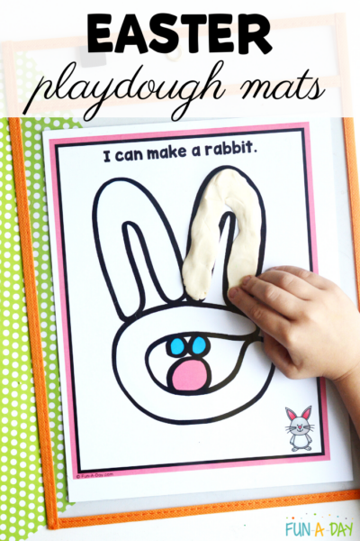 child's hand and printable with heading that reads: Easter playdough mats