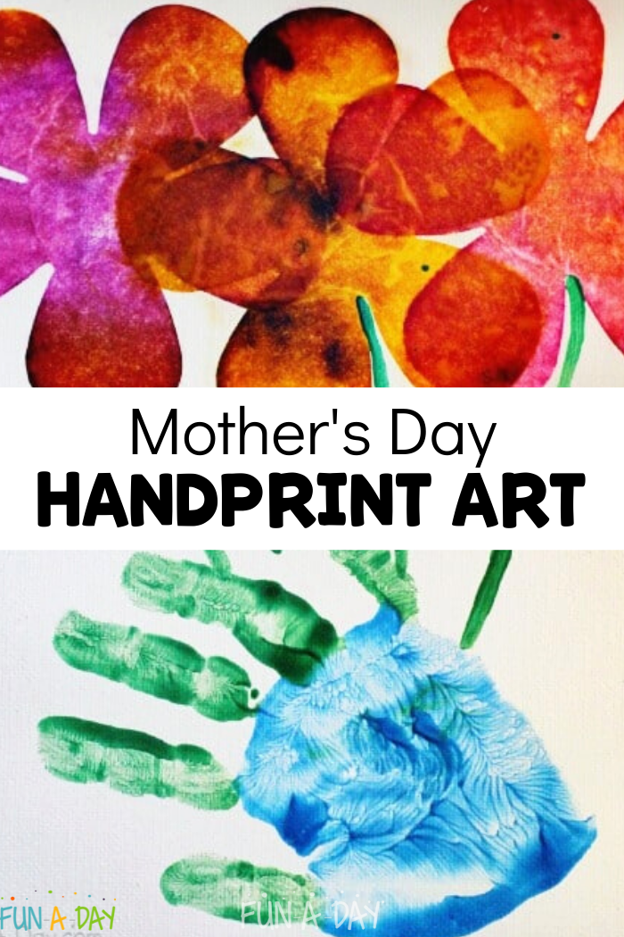 mixed-media hand print bouquet with text that reads Mother's Day handprint art