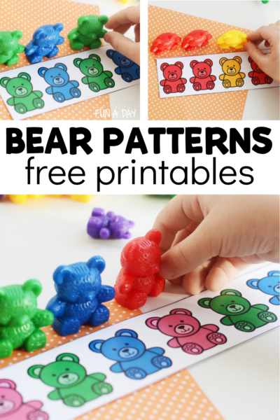 Collage of child using pattern strips with text that reads bear patterns free printables