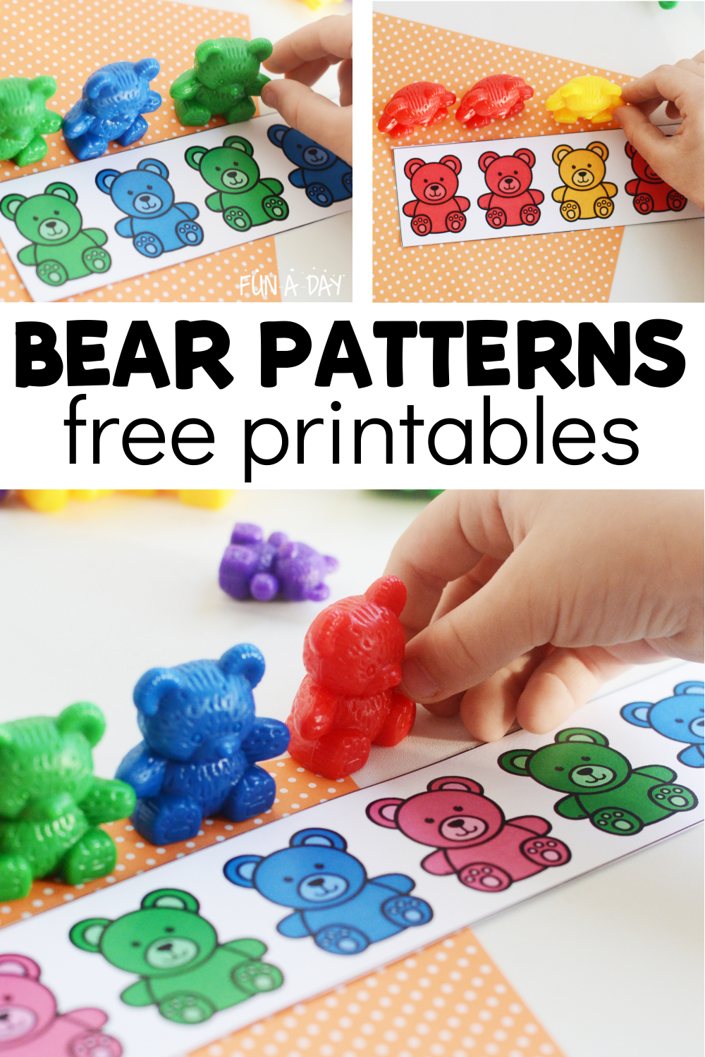Collage of child using pattern strips with text that reads bear patterns free printables