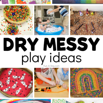 Collage of sensory and art activities with text that reads dry messy play ideas