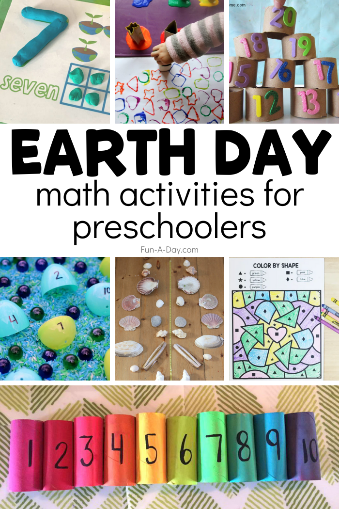 collage of kids' activity ideas with copy that reads: Earth Day math activities for preschoolers
