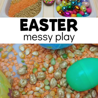 Plastic eggs, mini erasers, pop-its, funnels, and dry sensory materials in bins with text that reads Easter messy play