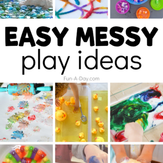 Collage of preschool activities with text that reads easy messy play ideas.