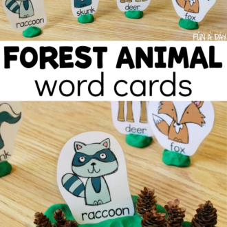 collage of animal cards with green playdough and text that reads forest animal word cards