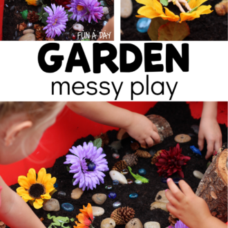 Collage of preschool dirt and flower bin with text that reads garden messy play.