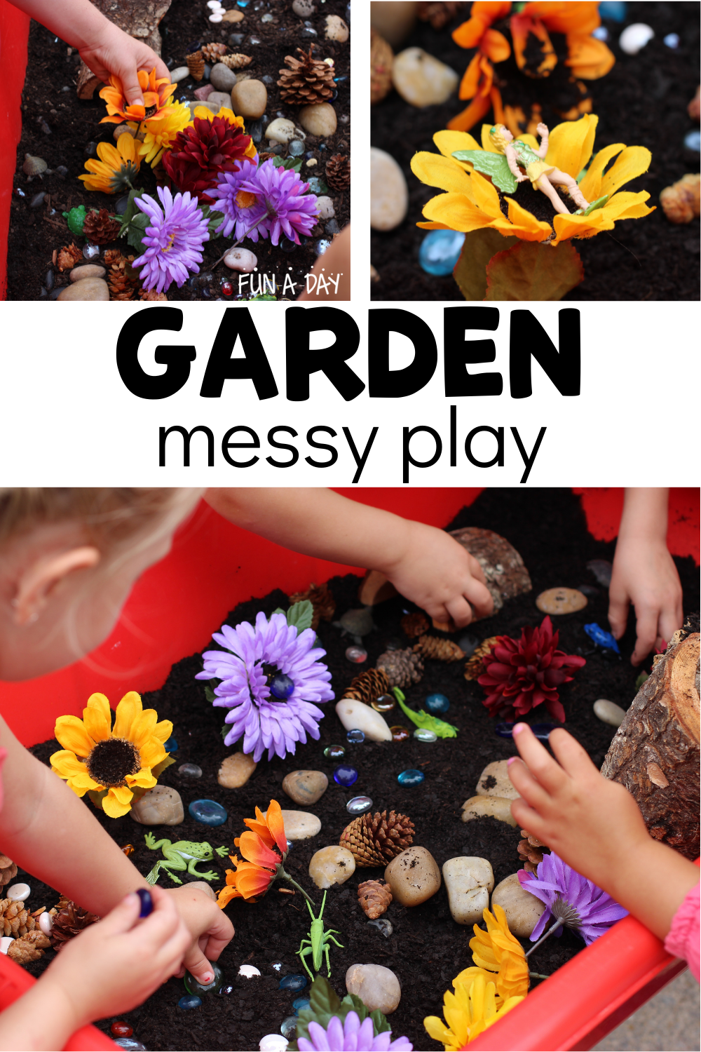 Collage of preschool dirt and flower bin with text that reads garden messy play.