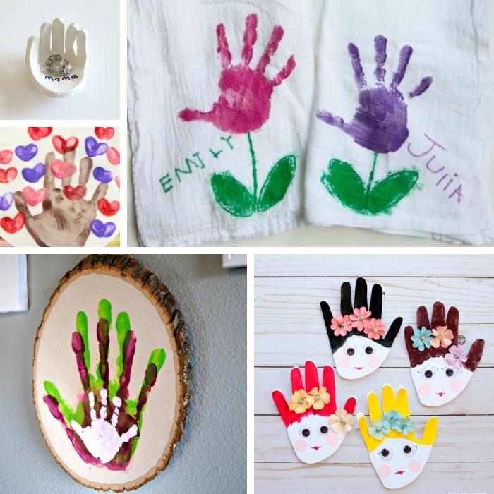 collage of mother's day handprint crafts for young kids