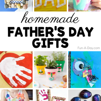 collage of craft ideas with copy that reads: Homemade Father's Day Gifts