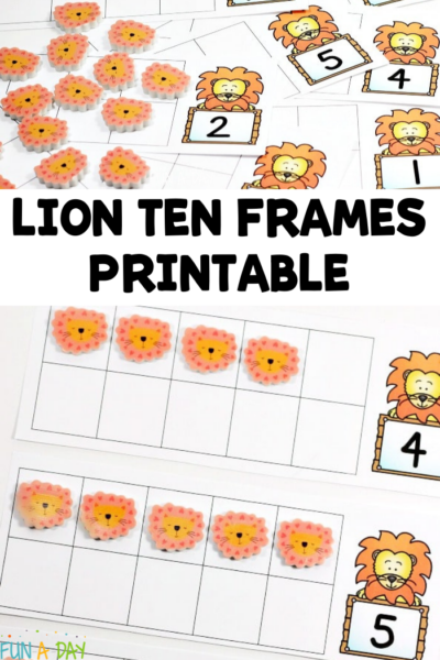 collage of lion free printable with text that reads lion ten frames printable