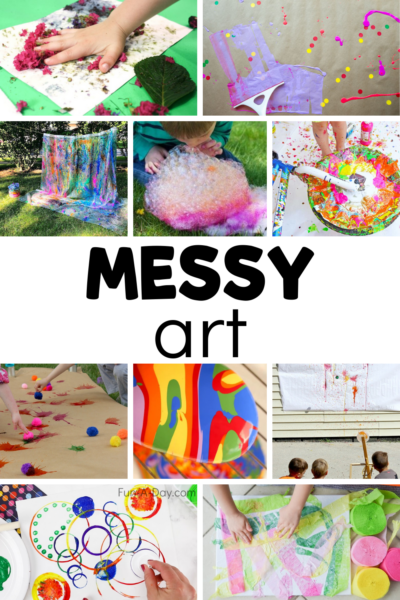 collage of kids' art projects with text that reads messy art