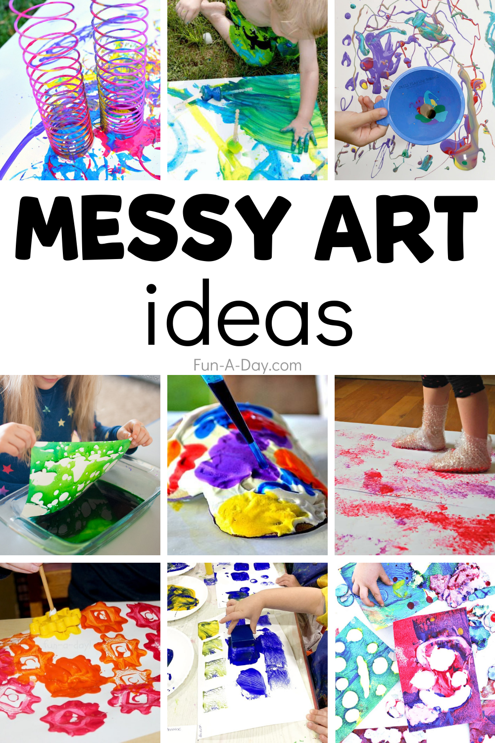 collage of colorful art for kids with text that reads messy art ideas