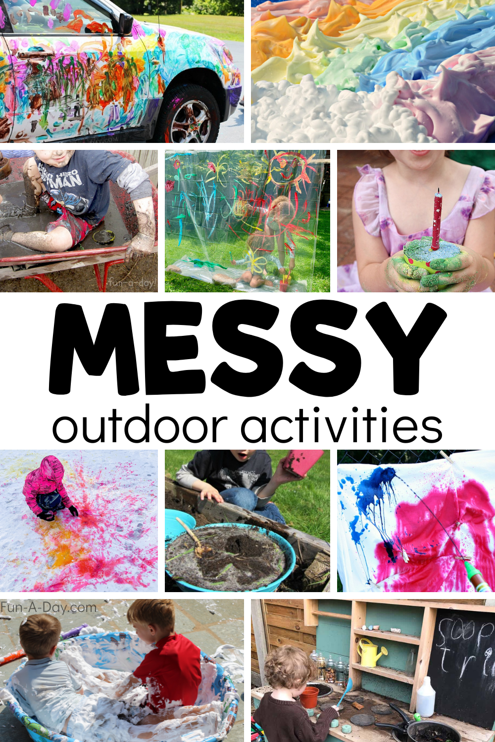Collage of preschool art and sensory play with text that reads messy outdoor activities
